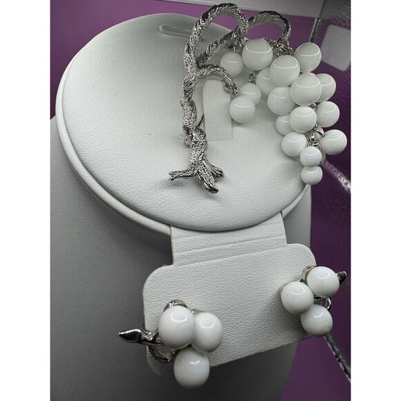 Tree Pin Brooch w/ Clip On Earrings Set Silver Heavy Beads Estate Find Unmarked - Picture 6 of 9